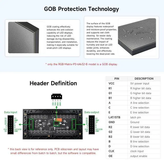 Alt view image 5 of 5 - Waveshare RGB Full-Color LED Matrix Panel, 3mm Pitch, 64 32 Pixels, Adjustable Brightness, GOB Version