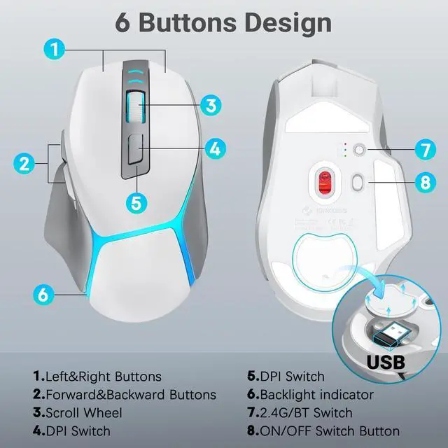 Alt view image 2 of 5 - JOYACCESS Wireless Gaming Mouse, Supports Bluetooth/2.4g/Wired Connections 12500 DPI, 1000hz, Rechargeable, 20m Clicks, 6 Buttons, RGB Backlit Ergonomic Mouse for Windows/Mac Gamers (Silver-Gra