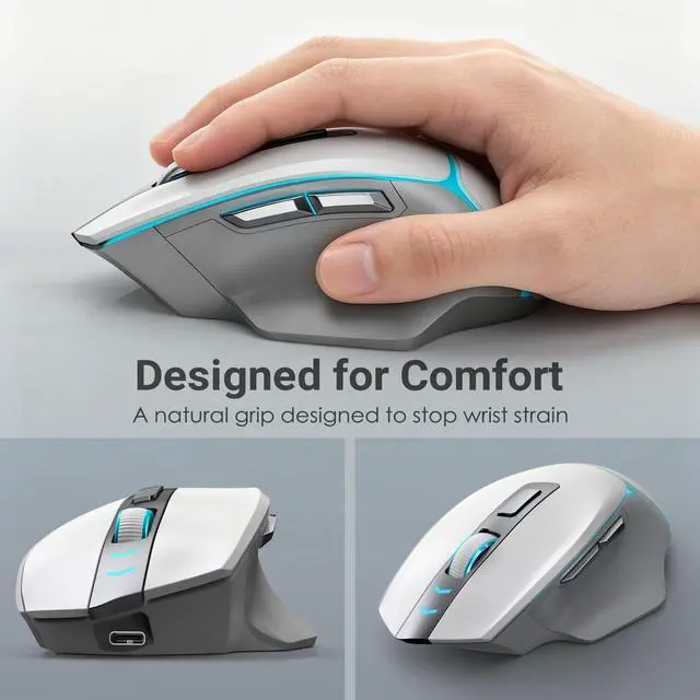 Alt view image 4 of 5 - JOYACCESS Wireless Gaming Mouse, Supports Bluetooth/2.4g/Wired Connections 12500 DPI, 1000hz, Rechargeable, 20m Clicks, 6 Buttons, RGB Backlit Ergonomic Mouse for Windows/Mac Gamers (Silver-Gra