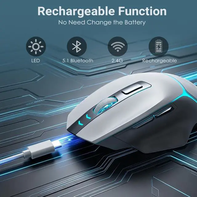 Alt view image 5 of 5 - JOYACCESS Wireless Gaming Mouse, Supports Bluetooth/2.4g/Wired Connections 12500 DPI, 1000hz, Rechargeable, 20m Clicks, 6 Buttons, RGB Backlit Ergonomic Mouse for Windows/Mac Gamers (Silver-Gra