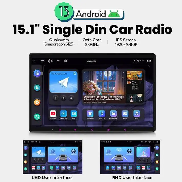 Alt view image 2 of 5 - Joying Single Din Touchscreen Radio 15.1 Inch Car Stereo with Apple Carplay & Android Auto, 8GB+128GB Android 13 Head Unit with Mirror Link, AM/FM, Bluetooth, SWC, GPS(JY-UTS15N8)
