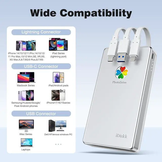Alt view image 3 of 5 - iDiskk 500GB Apple Certified External Hard Drive for iPhone iPad Android Phone MacBook Computer, Auto Backup Photos Videos Files, for iPhone 15/16/17
