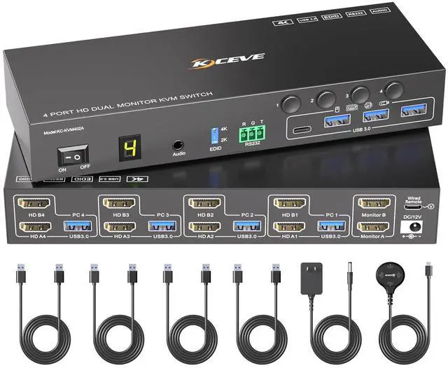 Main image of 4 Port HDMI KVM Switch 2 Monitors 4 Computers 4K@60Hz EDID Simulation Dual Monitor KVM Switch with 4 USB 3.0 Ports for USB Peripherals, Audio, RS232, with Wired Remote,12V Power and 4 USB Cables