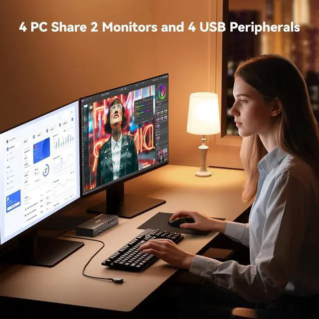 Alt view image 2 of 5 - 4 Port HDMI KVM Switch 2 Monitors 4 Computers 4K@60Hz EDID Simulation Dual Monitor KVM Switch with 4 USB 3.0 Ports for USB Peripherals, Audio, RS232, with Wired Remote,12V Power and 4 USB Cables