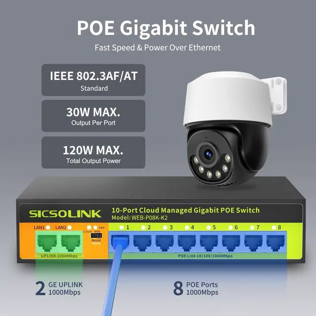 Alt view image 2 of 5 - 10-Port Gigabit PoE+ Switch, 8PoE+ 120W 30W/Port, 2Uplink, Cloud/Web Managed, VLAN, Fanless Metal, for IP Cameras, Home Office, Small Business