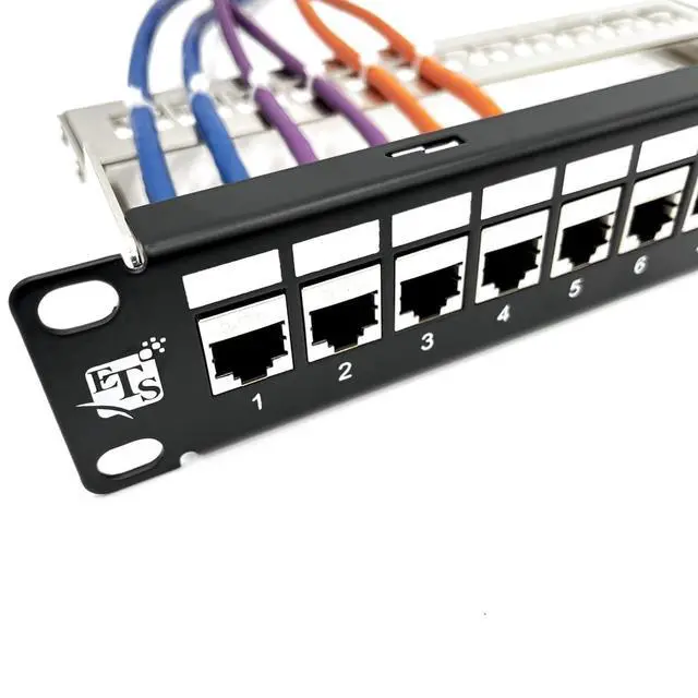 Alt view image 2 of 5 - ETS 12 Port Patch Panel Cat6A Inline Keystone, Feedthrough Coupler Patch Panel 10-Inch with Cable Support, Fully Loaded Pass Through Jacks, 1U Network Patch Panel Compatible Cat7, Cat6, Cat6A, Cat5e