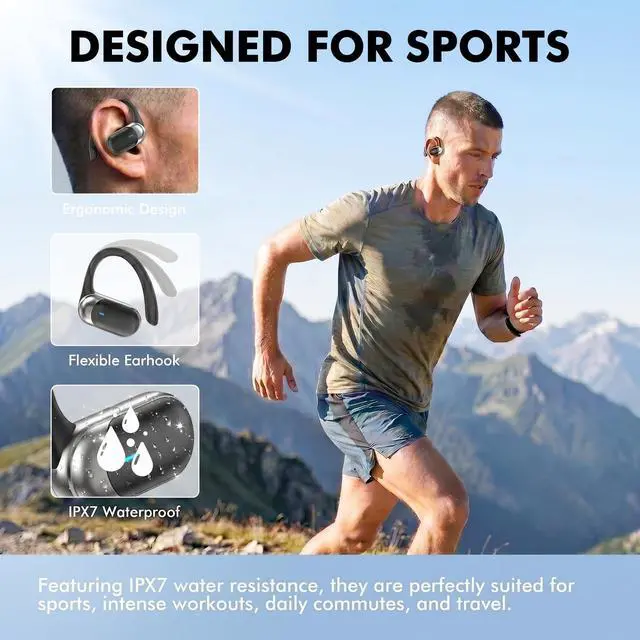 Alt view image 4 of 5 - Open Ear Buds Bluetooth Headphones Stereo Sound Clear Call Air-Conduction LED Digital Display Ear Hook Wireless Earbuds with Microphone Waterproof Earphones for Sports Workout Running Gaming Co