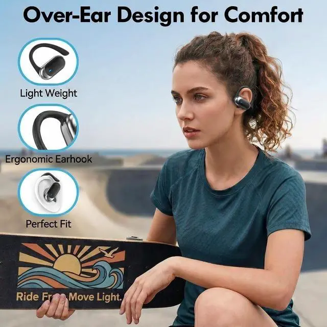 Alt view image 3 of 5 - Open Ear Buds Bluetooth Headphones Stereo Sound Clear Call Air-Conduction LED Digital Display Ear Hook Wireless Earbuds with Microphone Waterproof Earphones for Sports Workout Running Gaming Co