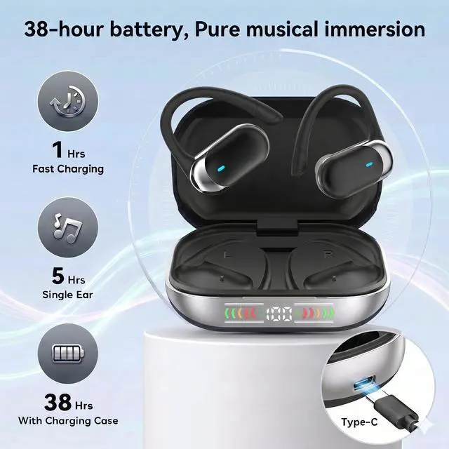 Alt view image 2 of 5 - Open Ear Buds Bluetooth Headphones Stereo Sound Clear Call Air-Conduction LED Digital Display Ear Hook Wireless Earbuds with Microphone Waterproof Earphones for Sports Workout Running Gaming Co