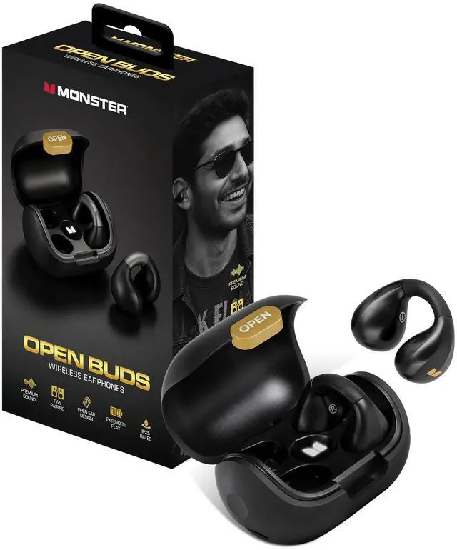 Main image of Monster Open Ear Wireless Earbuds, Bluetooth 5.4 Clip-On Earphones with Charging Case, Open Ear Design for Awareness, IPX5 Waterproof, Built-in Mic, Premium Sound, 5 Hour Playtime