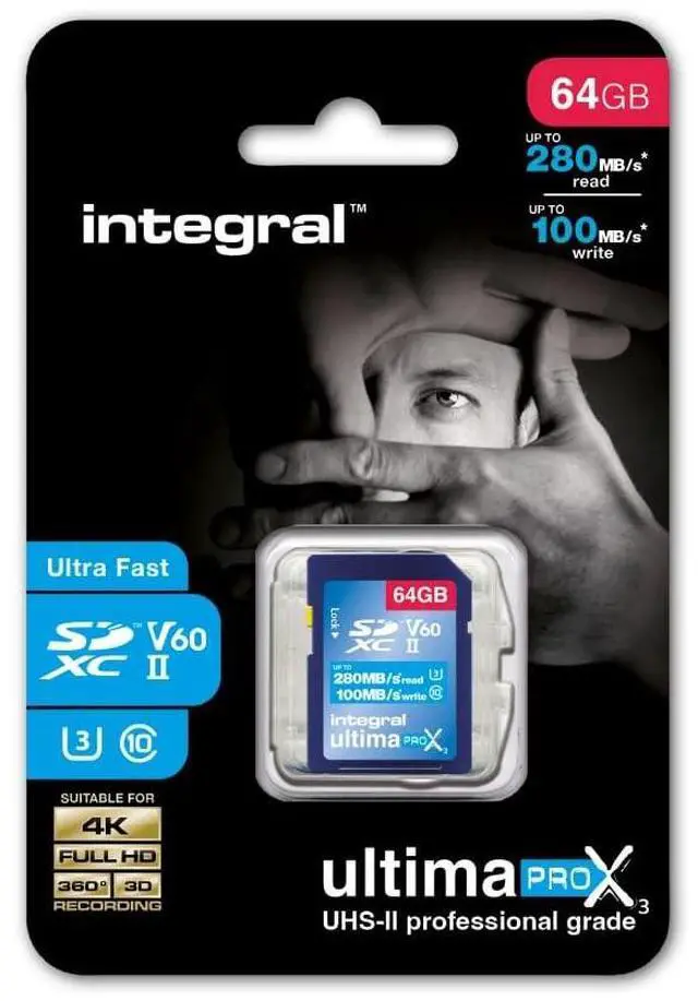 Main image of Integral 64GB UHS-II SD Card V60 Up to 280MBs Read and 100MBs Write Speed 1733X SDXC Professional High Speed Memory Card