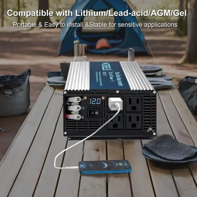Alt view image 2 of 5 - WZRELB 5000W Pure Sine Wave Inverter, Car Power Inverter 12V DC to 110V 120V AC Converter for RV, Truck, Solar, Outdoor with 4 AC Outlets, Hardwire Port, Surge 10000W, LED Display,Off-Grid