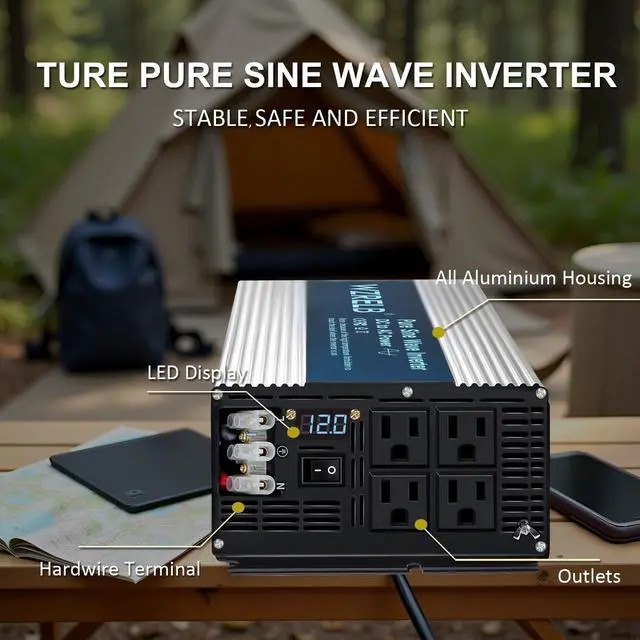 Alt view image 3 of 5 - WZRELB 5000W Pure Sine Wave Inverter, Car Power Inverter 12V DC to 110V 120V AC Converter for RV, Truck, Solar, Outdoor with 4 AC Outlets, Hardwire Port, Surge 10000W, LED Display,Off-Grid