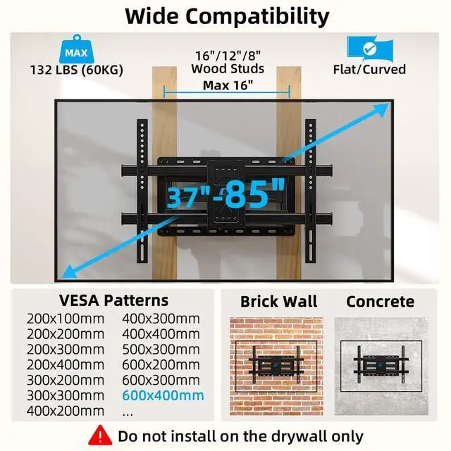 Alt view image 3 of 5 - HOME VISION Full Motion TV Wall Mount with Soundbar Bracket for 37-85 Inch Flat/Curved TVs, Dual Articulating Arms Swivel Tilt Level, Max VESA 600x400mm, Fits 16" Studs, Holds up to 132lbs
