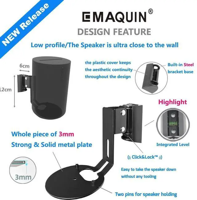 Alt view image 3 of 5 - EMAQUIN Wall Mounts Brackets-Pair Set(2PCS) for Sonos Era 100/Era 100 SL Speaker(Include 2PCS,Swivel&Tilt,Sturdy Metal,Enduring Paint Coating,Compatible with Sonos Era 100/Era 100 SL,Pair,Black)