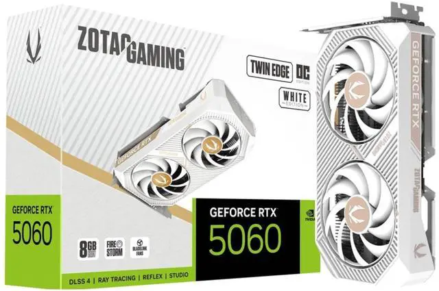 Main image of ZOTAC GeForce RTX 5060 Twin Edge OC White Edition Graphics Card, NVIDIA, 8GB GDDR7, DLSS 4, 3 DisplayPort 2.1b & HDMI 2.1b, PCIE 5.0 (ZT-B50600Q-10M)