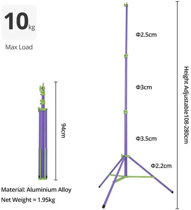 Alt view image 2 of 5 - AMBITFUL GM280 Light Stand 9.18ft/280cm Air Cushioned Heavy Duty Aluminum Tripod with 1/4" & 3/8" Screw for Softbox Ring Light Studio Camera Video Photography Equipment Foldable (Purple)
