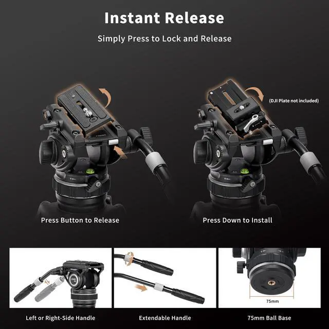 Alt view image 4 of 5 - Cayer K10 Pro Video Fluid Head with 75mm Flat Base, Adjustable Pan Drag and Telescopic Handle, Heavy Duty Tripod Fluid Head for for DSLR Cameras, Camcorders, Max Load 22 lb/10 kg