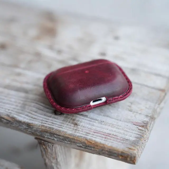 Alt view image 3 of 4 - JJNUSA Genuine Vintage Leather Distressed Leather for Apple Airpods Pro 3 3rd Gen (2025) Wireless Charging Protective Cover Earbud Case Compatible with MagSafe Red