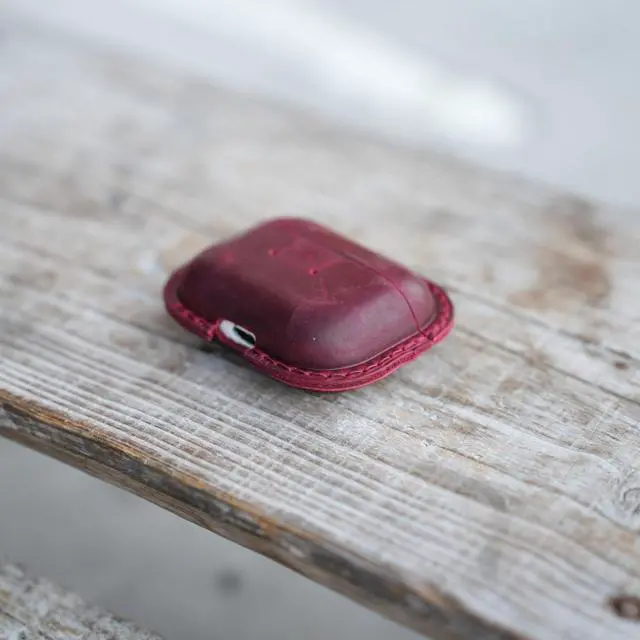 Alt view image 4 of 4 - JJNUSA Genuine Vintage Leather Distressed Leather for Apple Airpods Pro 3 3rd Gen (2025) Wireless Charging Protective Cover Earbud Case Compatible with MagSafe Red