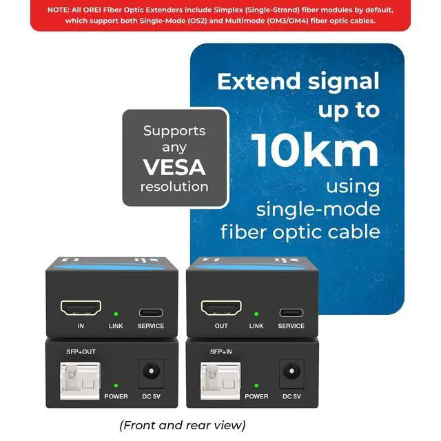 Alt view image 2 of 5 - OREI 4K HDMI Extender Over Fiber Optic Balun - UltraHD 4K @ 60Hz 4:4:4 DR, HDR10+, SFP+ - Up to 10 KM in Single Mode - 300M in Multi-Mode