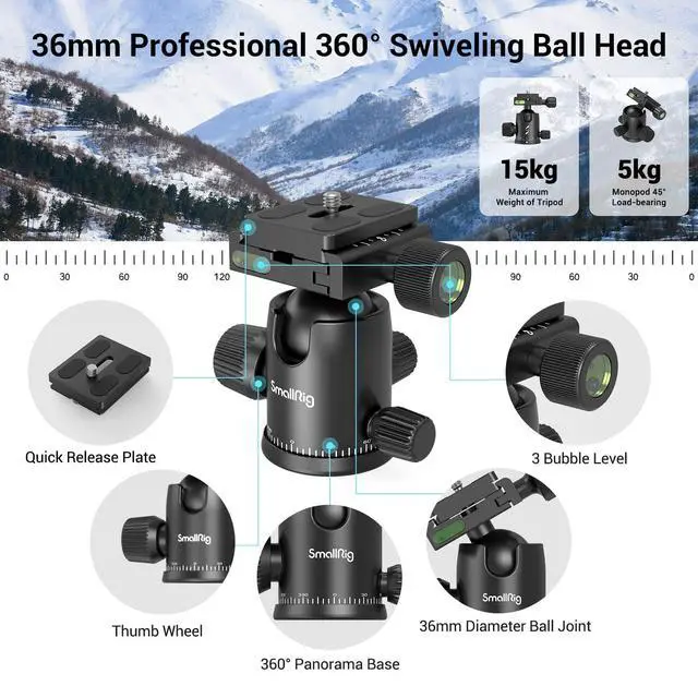 Alt view image 3 of 5 - SmallRig Camera Tripod, 71" Foldable Aluminum Tripod/Monopod, 360Ball Head Detachable, Payload 33lb, Adjustable Height from 16" to 71" for Camera, Phone