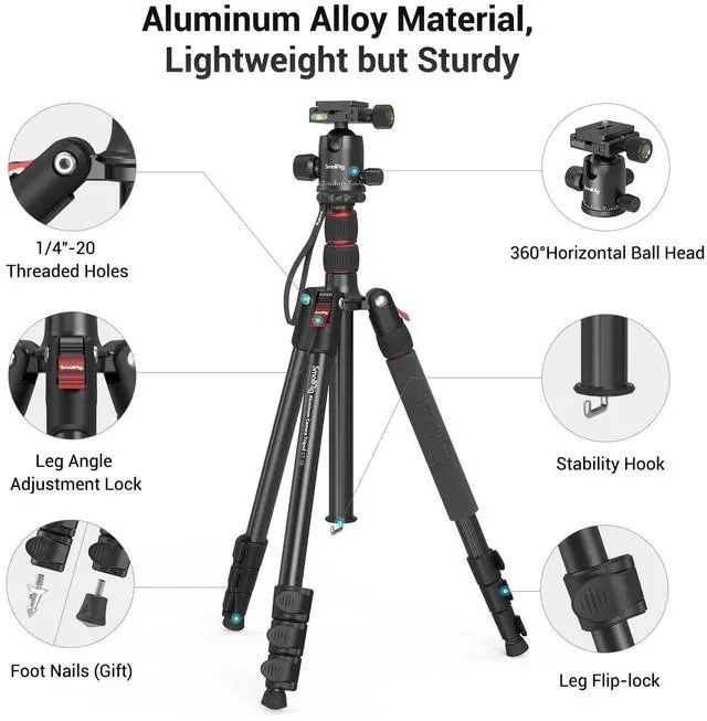 Alt view image 4 of 5 - SmallRig Camera Tripod, 71" Foldable Aluminum Tripod/Monopod, 360Ball Head Detachable, Payload 33lb, Adjustable Height from 16" to 71" for Camera, Phone