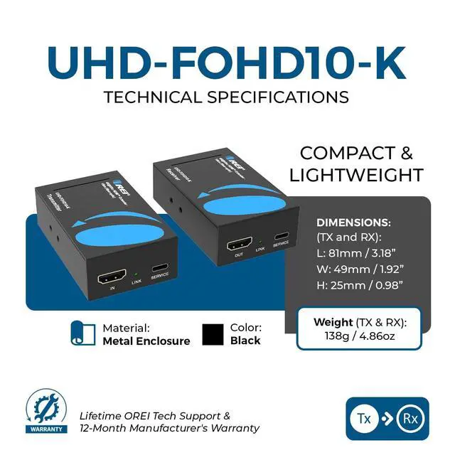 Alt view image 5 of 5 - OREI 4K HDMI Extender Over Fiber Optic Balun - UltraHD 4K @ 60Hz 4:4:4 DR, HDR10+, SFP+ - Up to 10 KM in Single Mode - 300M in Multi-Mode