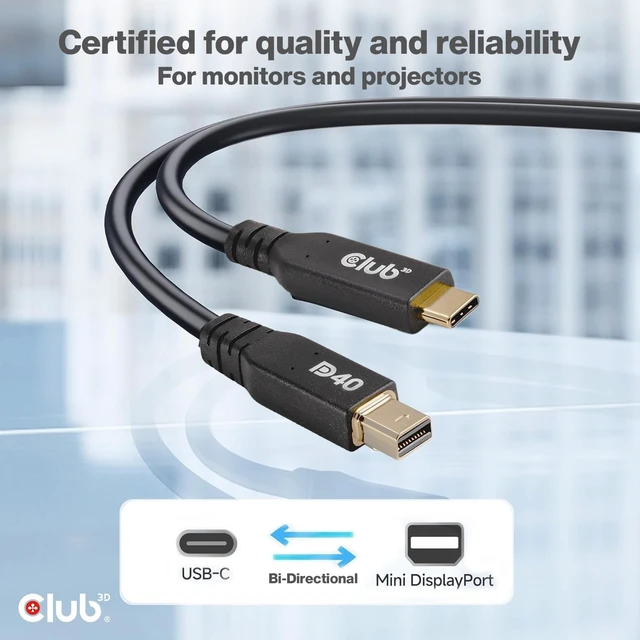 Alt view image 4 of 5 - Club 3D Mini DisplayPort to USB C Cable 2m/6.6ft - DP 2.1 Certified 8K@30Hz 4K@240Hz Video Adapter for Mac PC Gaming Monitor- Bi-Directional Cable