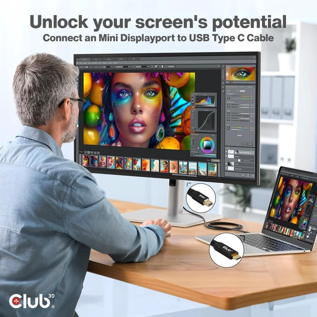 Alt view image 3 of 5 - Club 3D Mini DisplayPort to USB C Cable 2m/6.6ft - DP 2.1 Certified 8K@30Hz 4K@240Hz Video Adapter for Mac PC Gaming Monitor- Bi-Directional Cable