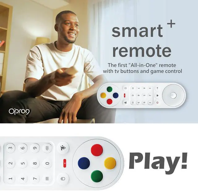 Alt view image 2 of 5 - Opro9 Play! Remote Control - Smart TV Remote Replacement for Android,Sharp,TCL,Philips,Panasonic,Toshiba,Haier,JVC TVs, 2.4G RF Wireless/Bluetooth/IR Pairing,Gaming Control,IR Learning,Ai