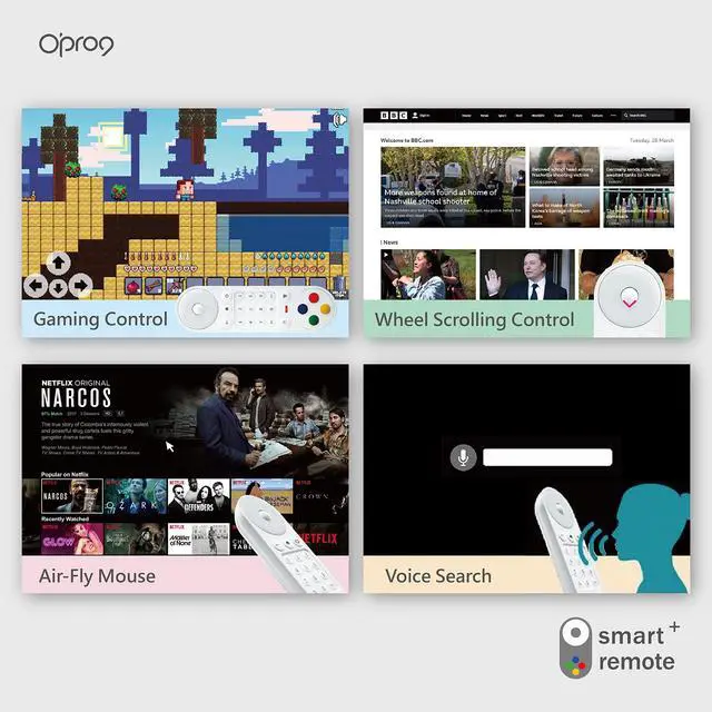 Alt view image 4 of 5 - Opro9 Play! Remote Control - Smart TV Remote Replacement for Android,Sharp,TCL,Philips,Panasonic,Toshiba,Haier,JVC TVs, 2.4G RF Wireless/Bluetooth/IR Pairing,Gaming Control,IR Learning,Ai