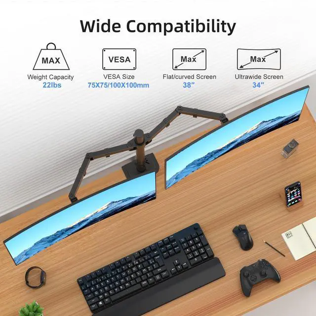 Alt view image 3 of 5 - Suptek Dual Monitor Arm Desk Mount,Ultrawide Dual Monitor Arm for 2 Monitor Screens up to 38 inches and Max 22lbs Each,Extra Tall 15.75" Pole Fully Adjustable Monitor Stand for Desk,Black(MD9442MB)
