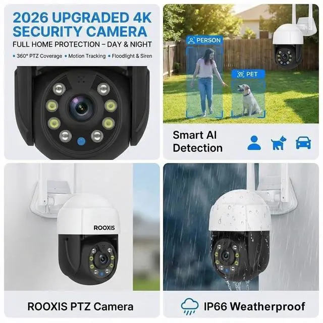 Alt view image 2 of 5 - Rooxis Wireless Outdoor Security Camera, 2026 Upgraded 4K WiFi Floodlight Camera with Siren, Color Night Vision, 360 PTZ, Motion Tracking & Patrol, 2-Way Audio, Alexa Compatible
