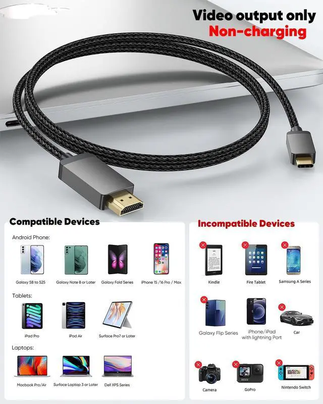 Alt view image 2 of 5 - 4K USB C to HDMI Cable 30FT, High Speed Type-C to HDMI Cord-Braided,Thunderbolt 3/4/5 Compatible for PC, Monitor,TV,Projector,Galaxy S8 to S23/S24/S25/S26, iPhone 17/15/16,MacBook,iPad Pro,Dell XPS