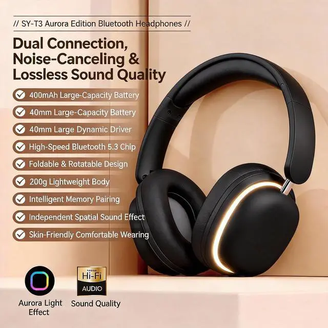 Alt view image 2 of 5 - FJHBL Over-Ear Wireless Bluetooth Headphones with 5.3 Chip, 20H Playtime, 40mm Drivers, Foldable & Lightweight Design, RGB Lighting, Dual Mic for Clear Calls, Compatible with PC/Phone, SY-T3 Bl