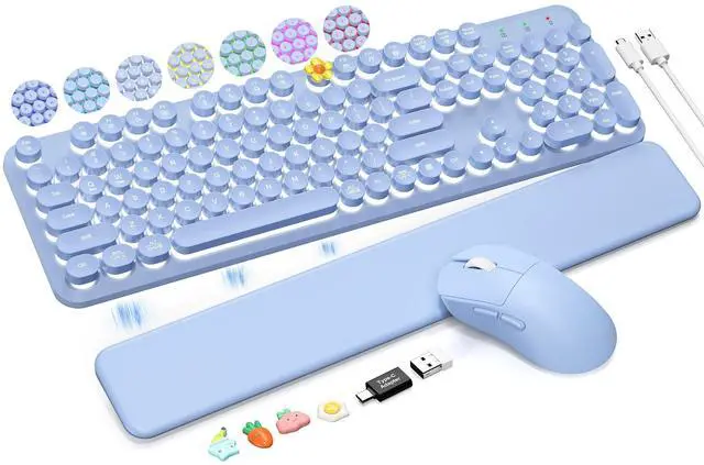 Main image of Wireless Keyboard and Mouse Backlit - Purple Typewriter Keyboard with Magnetic Wrist Rest, Retro Round Keycaps, Light Up Letters, 2.4GHz Cordless Combo for Windows, PC, Laptop, Trueque [Upgrade