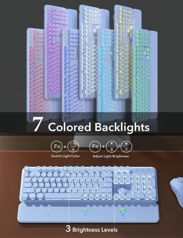 Alt view image 2 of 5 - Wireless Keyboard and Mouse Backlit - Purple Typewriter Keyboard with Magnetic Wrist Rest, Retro Round Keycaps, Light Up Letters, 2.4GHz Cordless Combo for Windows, PC, Laptop, Trueque [Upgrade