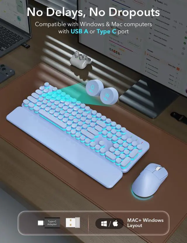 Alt view image 3 of 5 - Wireless Keyboard and Mouse Backlit - Purple Typewriter Keyboard with Magnetic Wrist Rest, Retro Round Keycaps, Light Up Letters, 2.4GHz Cordless Combo for Windows, PC, Laptop, Trueque [Upgrade