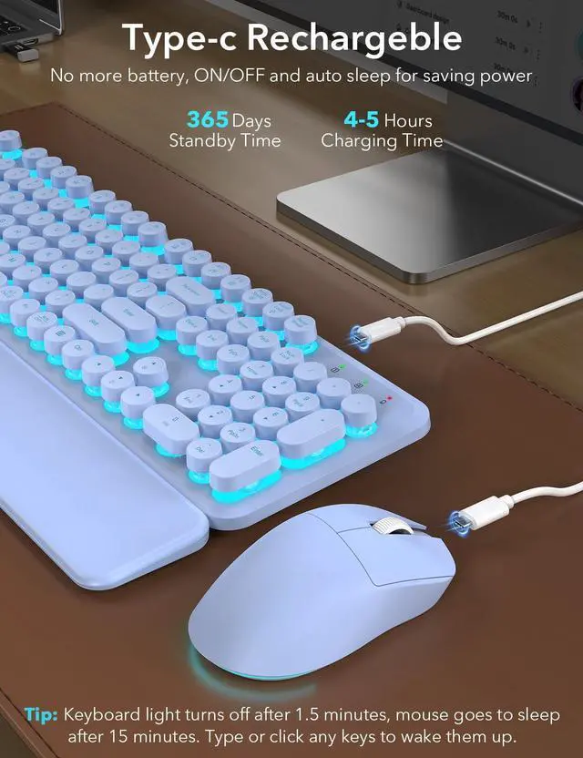 Alt view image 4 of 5 - Wireless Keyboard and Mouse Backlit - Purple Typewriter Keyboard with Magnetic Wrist Rest, Retro Round Keycaps, Light Up Letters, 2.4GHz Cordless Combo for Windows, PC, Laptop, Trueque [Upgrade