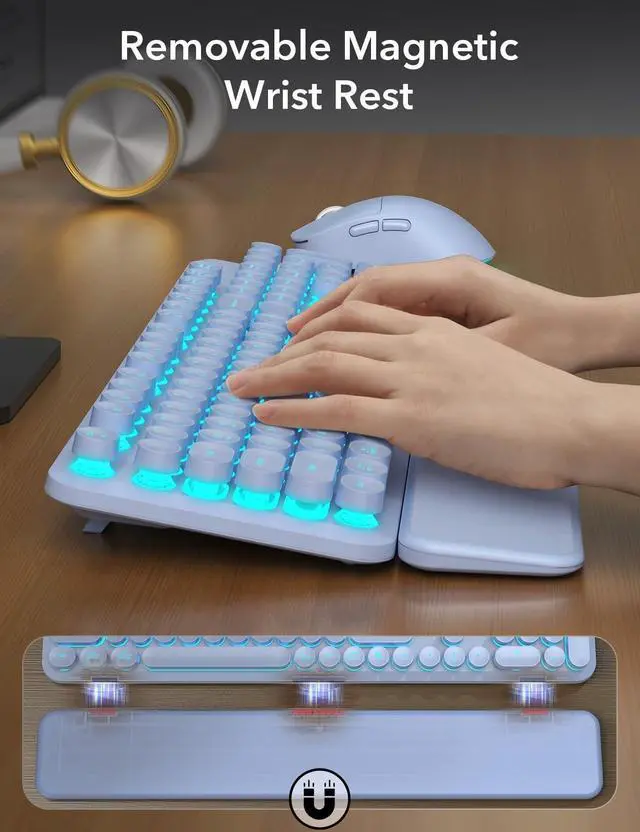 Alt view image 5 of 5 - Wireless Keyboard and Mouse Backlit - Purple Typewriter Keyboard with Magnetic Wrist Rest, Retro Round Keycaps, Light Up Letters, 2.4GHz Cordless Combo for Windows, PC, Laptop, Trueque [Upgrade