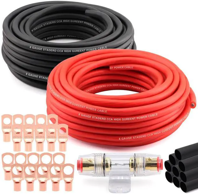 Main image of 8 Gauge Wire (25ft Each - Red/Black) Copper Clad Aluminum CCA - Primary Automotive Wire,Car Amplifier Power & Ground Cable, 20PCS Lugs Terminal Connectors,60A ANL Fuse Block and Heat Shrink Tubing