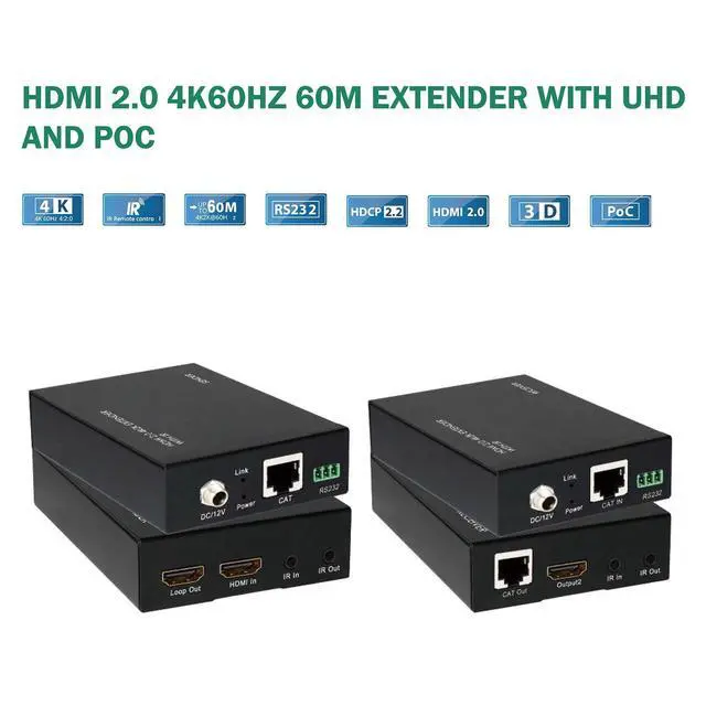 Alt view image 2 of 5 - HDMI Extender Over Cat6, 4K@60Hz 4:4:4 HDMI 2.0 Extender Splitter with IR & PoC, Up to 60M Transmission, Multi-Receiver Cascade, HDR, HDCP 2.2 for TV, Monito, PS5, PC and Projector (ET60LP)