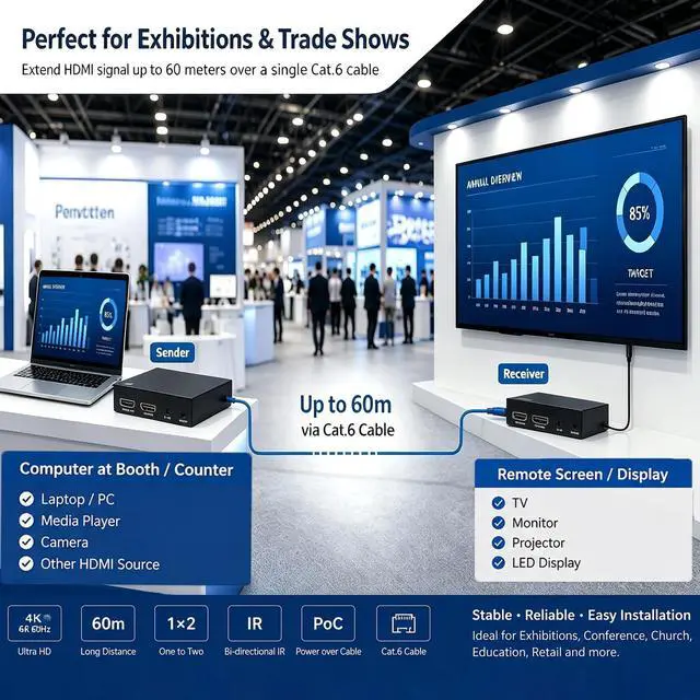 Alt view image 3 of 5 - HDMI Extender Over Cat6, 4K@60Hz 4:4:4 HDMI 2.0 Extender Splitter with IR & PoC, Up to 60M Transmission, Multi-Receiver Cascade, HDR, HDCP 2.2 for TV, Monito, PS5, PC and Projector (ET60LP)