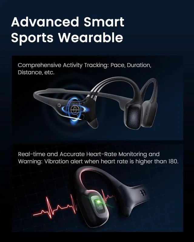 Alt view image 2 of 5 - mojawa HaptiFit Terra Advanced Smart Sports Wearable, Open Ear Bluetooth Bone Conduction Headphones with Mic and 32GB MP3, Waterproof Wireless Earphones for Workouts, Swimming and Running, Blue