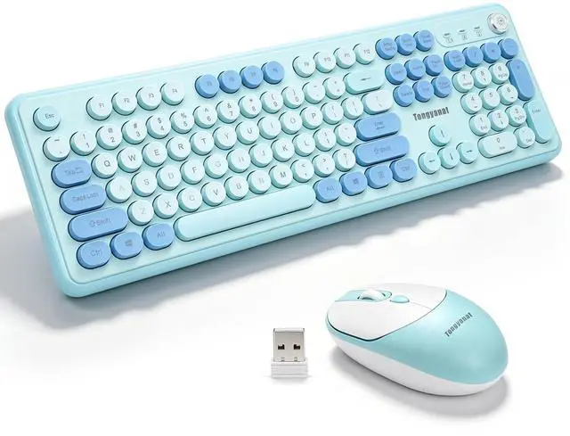 Main image of Tongyangat Wireless Keyboard and Mouse Combo, 2.4G Retro Typewriter Style Keyboard Mouse Set, Quiet Click, Aesthetic Round Keycaps, Plug & Play, for PC, Laptop, Desktop, Home Office (T801A-Cyan