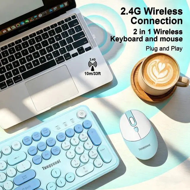 Alt view image 2 of 5 - Tongyangat Wireless Keyboard and Mouse Combo, 2.4G Retro Typewriter Style Keyboard Mouse Set, Quiet Click, Aesthetic Round Keycaps, Plug & Play, for PC, Laptop, Desktop, Home Office (T801A-Cyan