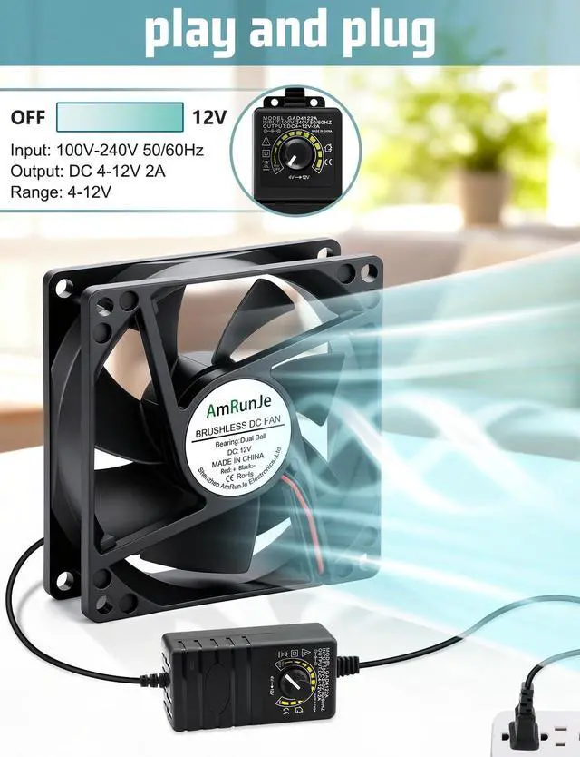 Alt view image 4 of 5 - AmRunJe 80mm 12v dc Small Computer Fan with AC Plug 110v 220v Variable Speed Dual Ball Bearing for Cooling Laptop Electronics PC Case Router Xbox Server Receiver DVR