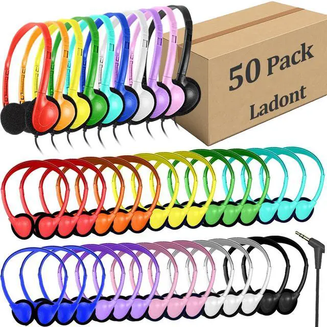 Main image of Ladont 50 Pack Bulk Classroom Headphones for Kids Students School, Multi Color Wired Headphones for Kids Children, 3.5mm Jack for Chromebook Laptop PC Computer