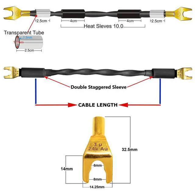 Alt view image 5 of 5 - WORLDS BEST CABLES 4 Units - 8 Inch - Canare 4S11 Audiophile Grade - 11AWG - HiFi Speaker Jumper Cable Terminated with Gold Spade Connectors